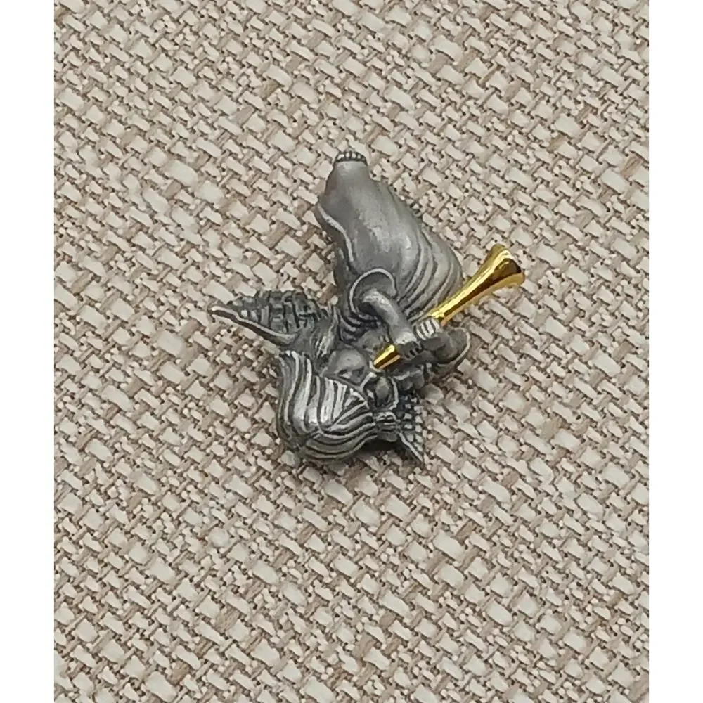 Angel Pin Signed Daria Vintage Pewter Playing Horn Trumpet Gold Tone